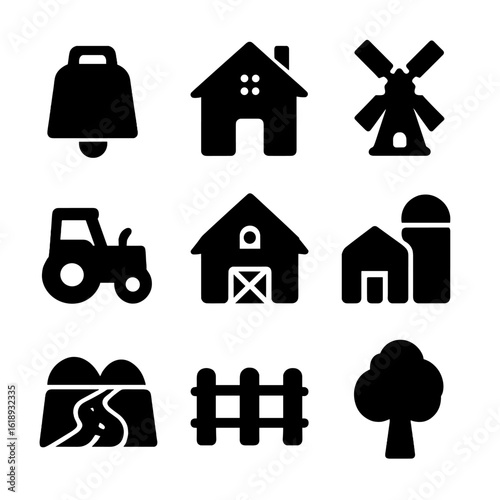 Rural Life Icons. Solid, filled icon set of Cow bell and rural life: cow bell, farmhouse, windmill, tractor, barn, silo, country