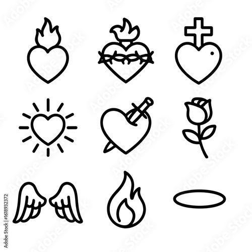 Sacred Heart Icons. Solid, filled icon set of sacred heart symbolism: flaming heart, crown of thorns, cross above heart, rays of