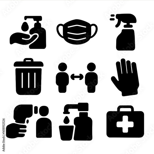 Market Safety Icons. Solid, filled icon set of market safety and hygiene: hand sanitizer, face mask, cleaning spray, trash bin,