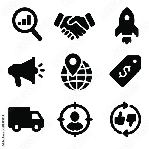 Market Strategies Icons. Solid, filled icon set of market entry strategies: market research, partnership, product launch,