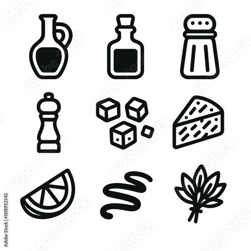 Salad Dressing Icons. Solid, filled icon set of salad dressings and toppings: olive oil bottle, vinegar jar, salt shaker, pepper
