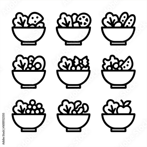 Salad Icon Grid. Solid, filled icon set of salad types: Caesar salad, Greek salad, garden salad, Cobb salad, pasta salad, fruit