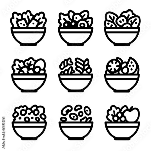 Salad Icon Grid. Solid, filled icon set of salad types: Caesar salad, Greek salad, garden salad, Cobb salad, pasta salad, fruit