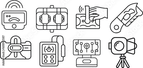 Assorted Technologies Iconography: A curated collection of simple yet impactful linear illustrations, celebrating the visual storytelling power of essential technologies.