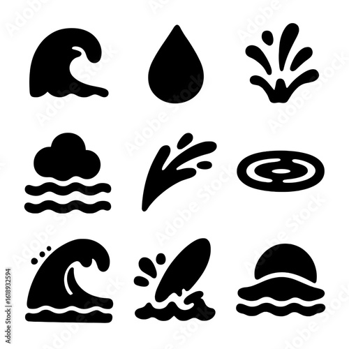 Saltwater Splash Icons. Solid, filled icon set of saltwater splash: wave crest, water droplet, splash burst, sea foam, spray trail