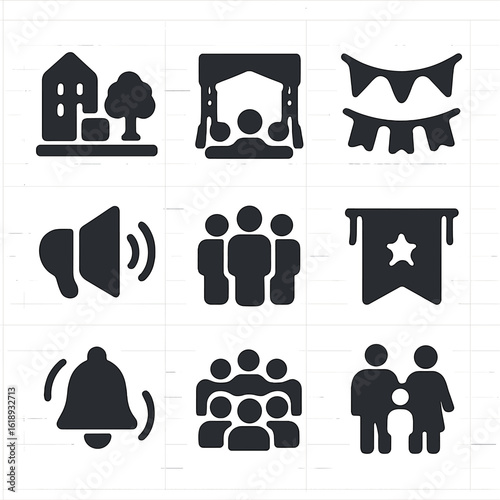 May Day Icons. Solid, filled icons set of May Day community events: town square, open air stage, bunting flags