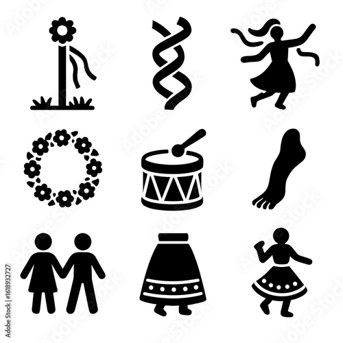 Maypole Dance Icons. Solid, filled icons set of traditional Maypole dancing: tall maypole, twisted ribbons,