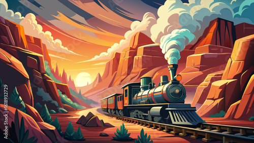 Majestic Wild West Train Journey Through Picturesque Canyon with Billowing Smoke - Ultra-Detailed, Cinematic Light