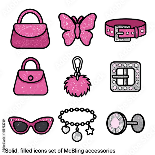 McBling Accessory Icons. Solid, filled icons set of McBling accessories: pink glitter purse, butterfly clip,