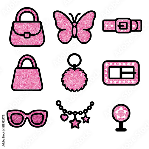 McBling Accessory Icons. Solid, filled icons set of McBling accessories: pink glitter purse, butterfly clip,