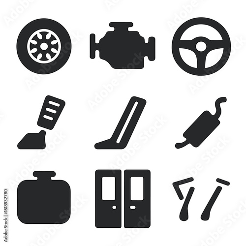 School Bus Parts Icons. Solid, filled icon set of school bus parts: tires, engine, steering wheel, brake pedal, accelerator pedal,