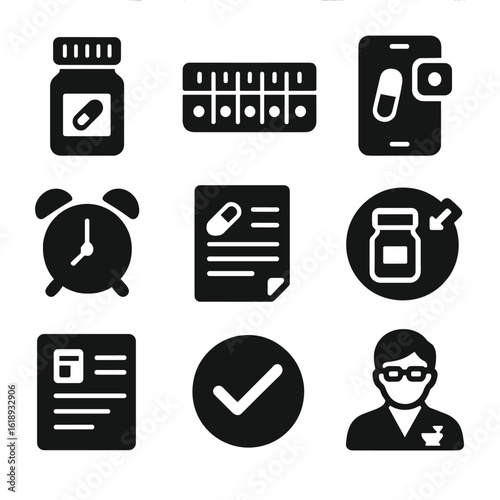 Medication Adherence Icons. Solid, filled icons set of medication adherence tools: pill bottle, weekly pill