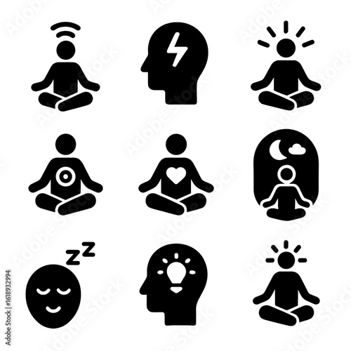 Meditation Icons Grid. Solid, filled icon set of meditation benefits: relaxation, stress relief, mental clarity, improved focus,