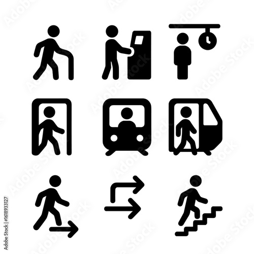 Metro Journey Icons. Solid, filled icon set of Metro journey phases: entering station, buying ticket, waiting on platform,