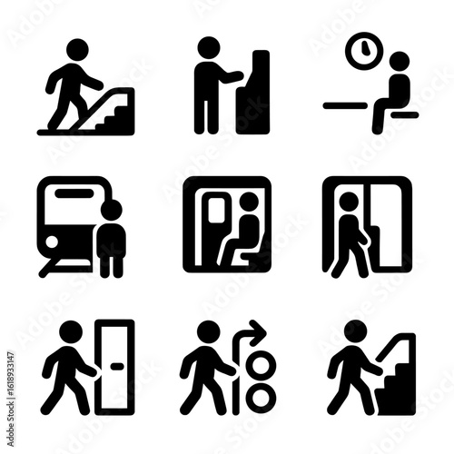 Metro Journey Icons. Solid, filled icon set of Metro journey phases: entering station, buying ticket, waiting on platform,