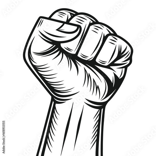 A powerful raised fist in black and white stands for solidarity with transparent background