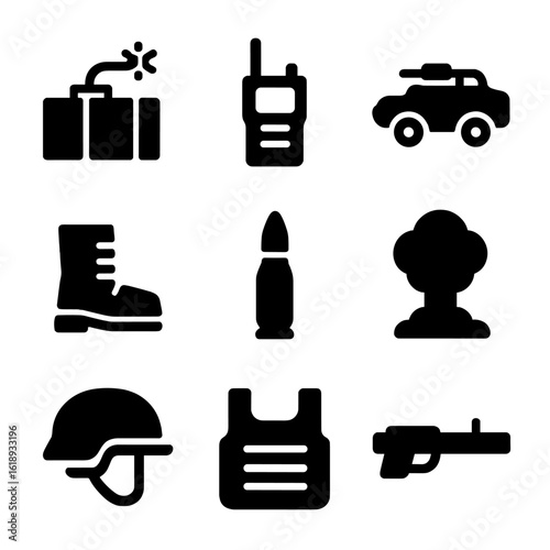 Military Icon Grid. Solid, filled icon set of storming enemy territory: explosive charge, combat radio, armored vehicle, soldier