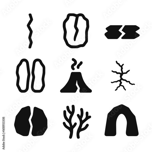 Minimal Nature Icon Set. Solid, filled icon set of small gap in natural phenomena: thin earthquake fault line, small ice fissure,