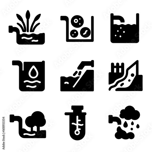Sewer System Icons. Solid, filled icon set of environmental protection in sewer systems: wetland filter, biofilter, sediment trap,