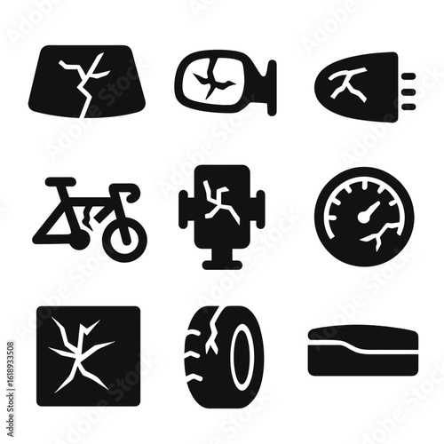 Shattered Transport Icons. Solid, filled icon set of shattered transportation: cracked windshield, broken car mirror, shattered
