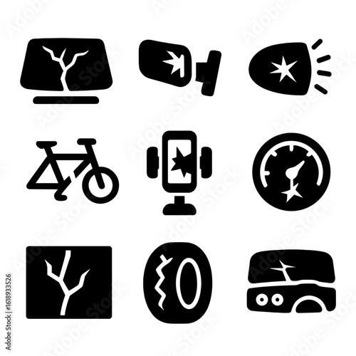 Shattered Transport Icons. Solid, filled icon set of shattered transportation: cracked windshield, broken car mirror, shattered