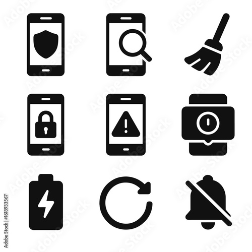 Mobile Antivirus Icons. Solid, filled icons set of mobile antivirus tools: smartphone shield, mobile scan icon
