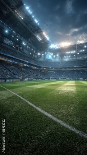 Bright stadium lights illuminate the pitch as fans eagerly await the kickoff of an exciting soccer match at dusk