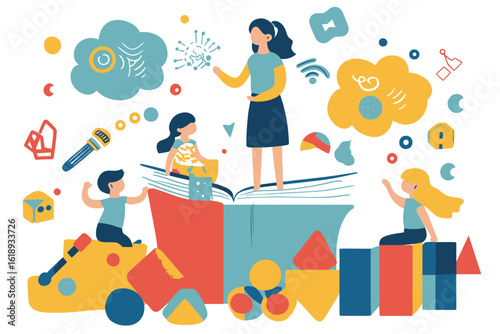 An educator is instructing youngsters in educational games, as depicted in a minimalist illustration of a tiny boy and girl playing with cubes and a pyramid