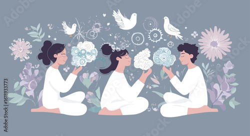 Having an open mind, managing behavior, and being mindful of thoughts and emotions is essential, as depicted by miniature experts working within a stylized human brain, symbolizing psychology and