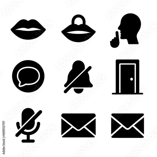 Silent Icon Grid. Solid, filled icon set of wall of silence: closed lips, locked mouth, finger on lips, muted speech bubble,