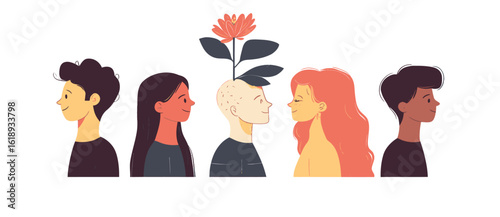 A set of mental hygiene and self development is depicted, featuring young women resolving issues, generating ideas, and engaging in self learning, all while maintaining psychological balance, as