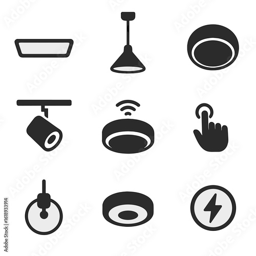 Modern Ceiling Light Icons. Solid, filled icons set of modern ceiling lighting: slim LED panel, minimalist