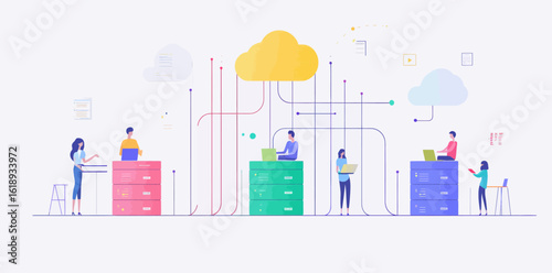 Modern illustration of AI and machine learning, featuring cartoon tiny people collaborating with algorithms and codes, neural circuits connecting computers and an artificial brain within an abstract