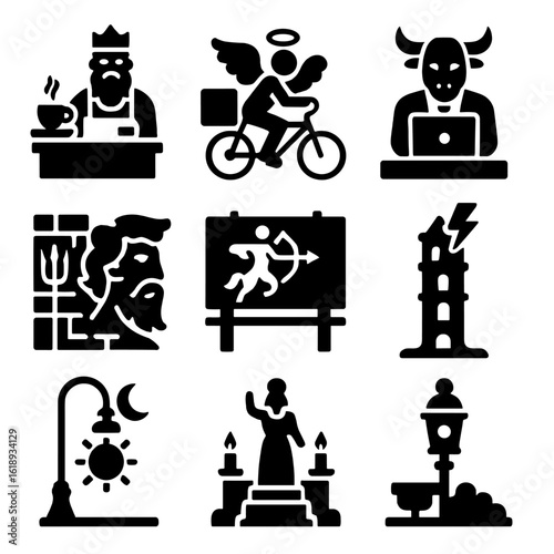 Modern Mythology Icons. Solid, filled icons set of gods and legends in everyday life: barista god, messenger