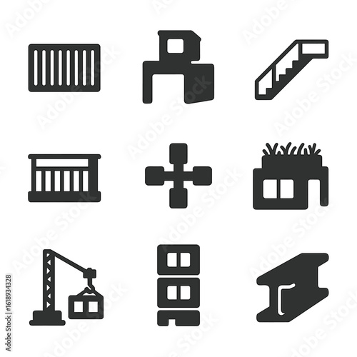 Modular Housing Icons. Solid, filled icons set of stackable housing modules: container unit, rooftop access,