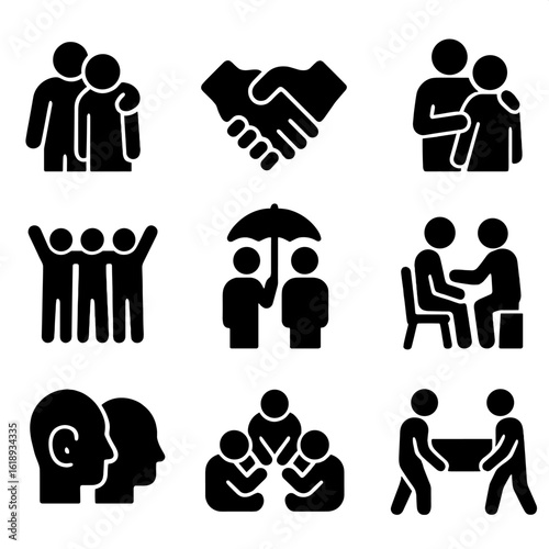 Moments of Support Icons. Solid, filled icon set of moments of support: shoulder to cry on, handshake agreement, comforting touch,