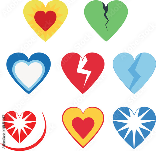 Broken layered and radiant flat heart icons in vibrant red blue yellow and green against clean white grid