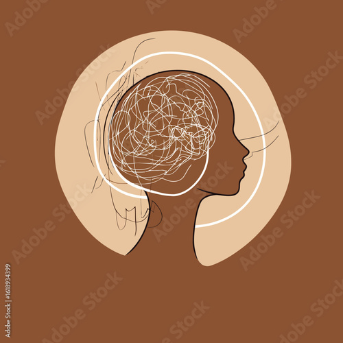 A simple modern illustration featuring a head with brains in an abstract style