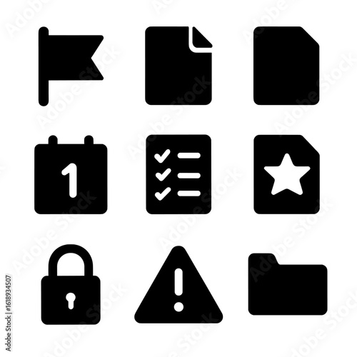 Solid Icon Grid. Solid, filled icon set of file categorization symbols: priority flag, color tab, document icon, calendar date,