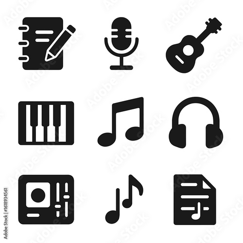 Songwriting Icon Grid. Solid, filled icon set of songwriting: notebook, pencil, microphone, guitar, piano keys, music notes,