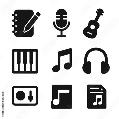 Songwriting Icon Grid. Solid, filled icon set of songwriting: notebook, pencil, microphone, guitar, piano keys, music notes,