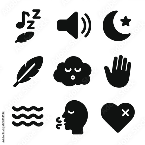 Soothing Elements Icons. Solid, filled icon set of soothing elements during feeding: soft lullaby, peaceful sound icon, feather,
