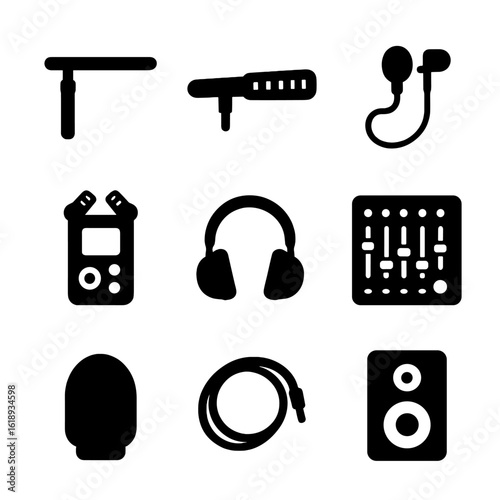 Sound Equipment Icons. Solid, filled icon set of sound equipment: boom pole, shotgun microphone, lavalier mic, audio recorder,