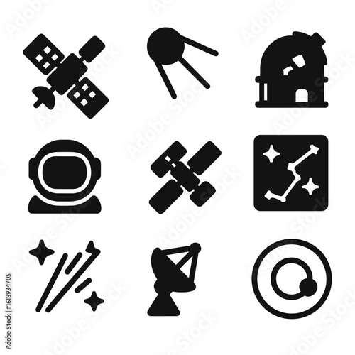 Space Exploration Icons. Solid, filled icon set of space exploration and observation: satellite, space probe, observatory dome,