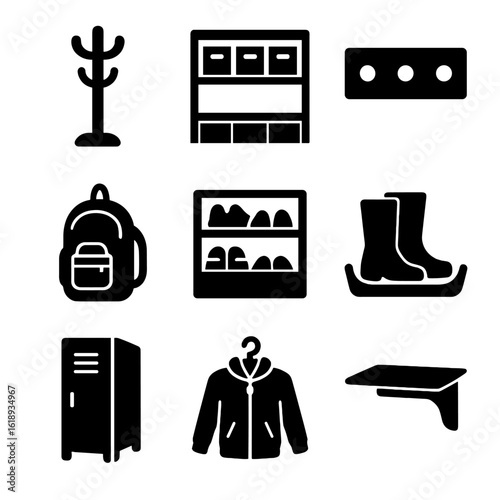 Mudroom Organization Icons. Solid, filled icons set of mudroom organization tools: coat rack, labeled cubbies,
