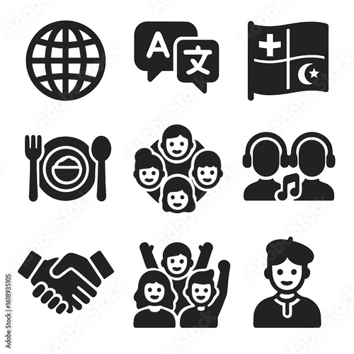 Multicultural Youth Icons. Solid, filled icons set of multicultural youth interactions: globe icon, language