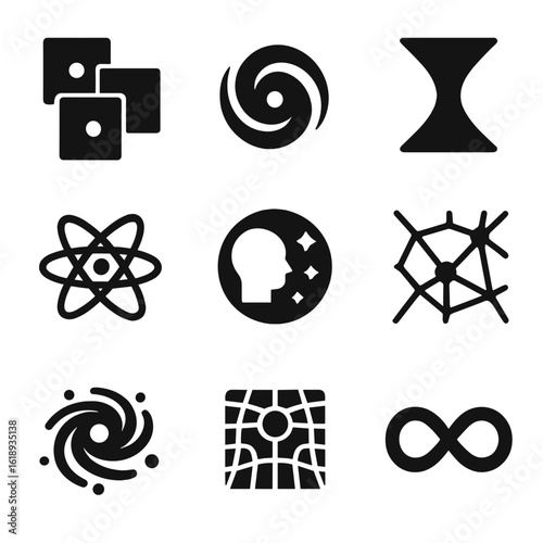 Multiverse Icon Grid. Solid, filled icon set of multiverse theory: parallel universes, black hole, wormhole, quantum particle,