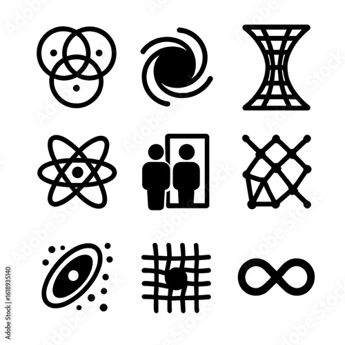 Multiverse Icon Grid. Solid, filled icon set of multiverse theory: parallel universes, black hole, wormhole, quantum particle,