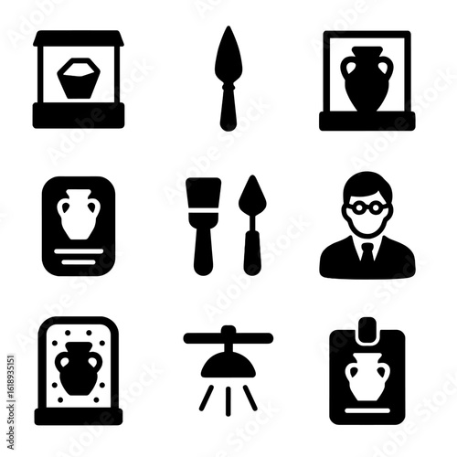 Museum Artifact Icons. Solid, filled icons set of museum artifact collection: display case, ancient weapon,