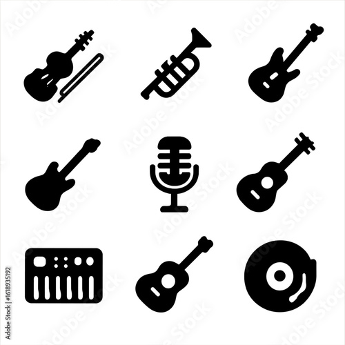 Music Genre Icons. Solid, filled icon set of Music genres: classical, jazz, rock, blues, pop, country, electronic, folk, hip-hop.